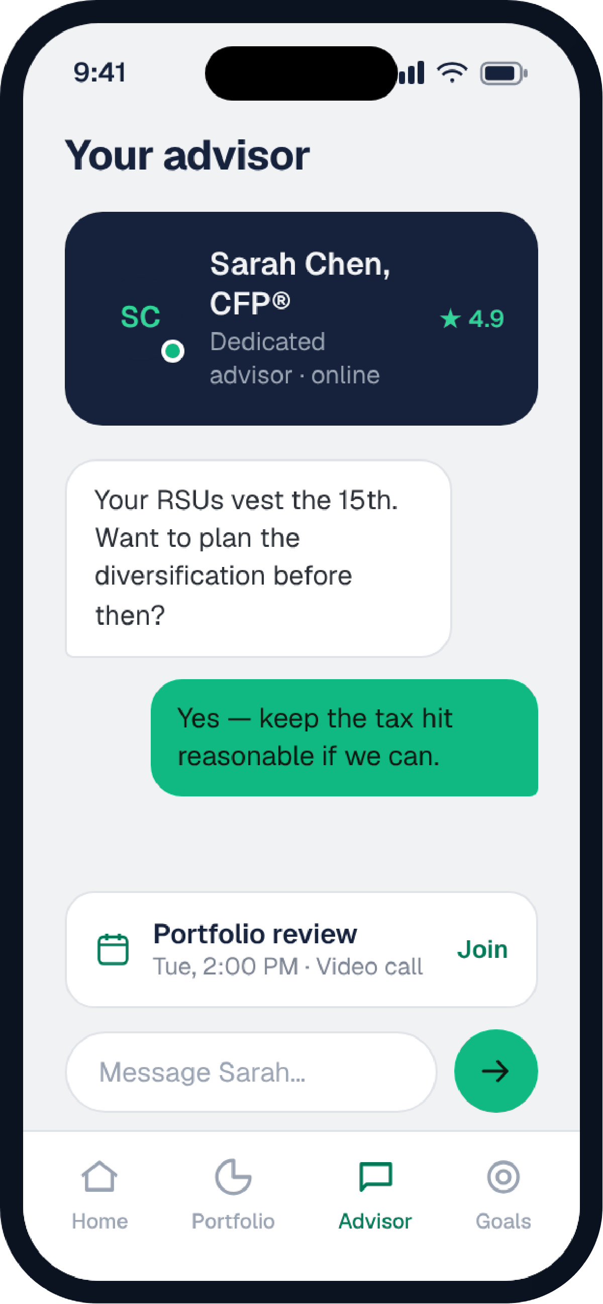Elevate iOS app — advisor chat screen.