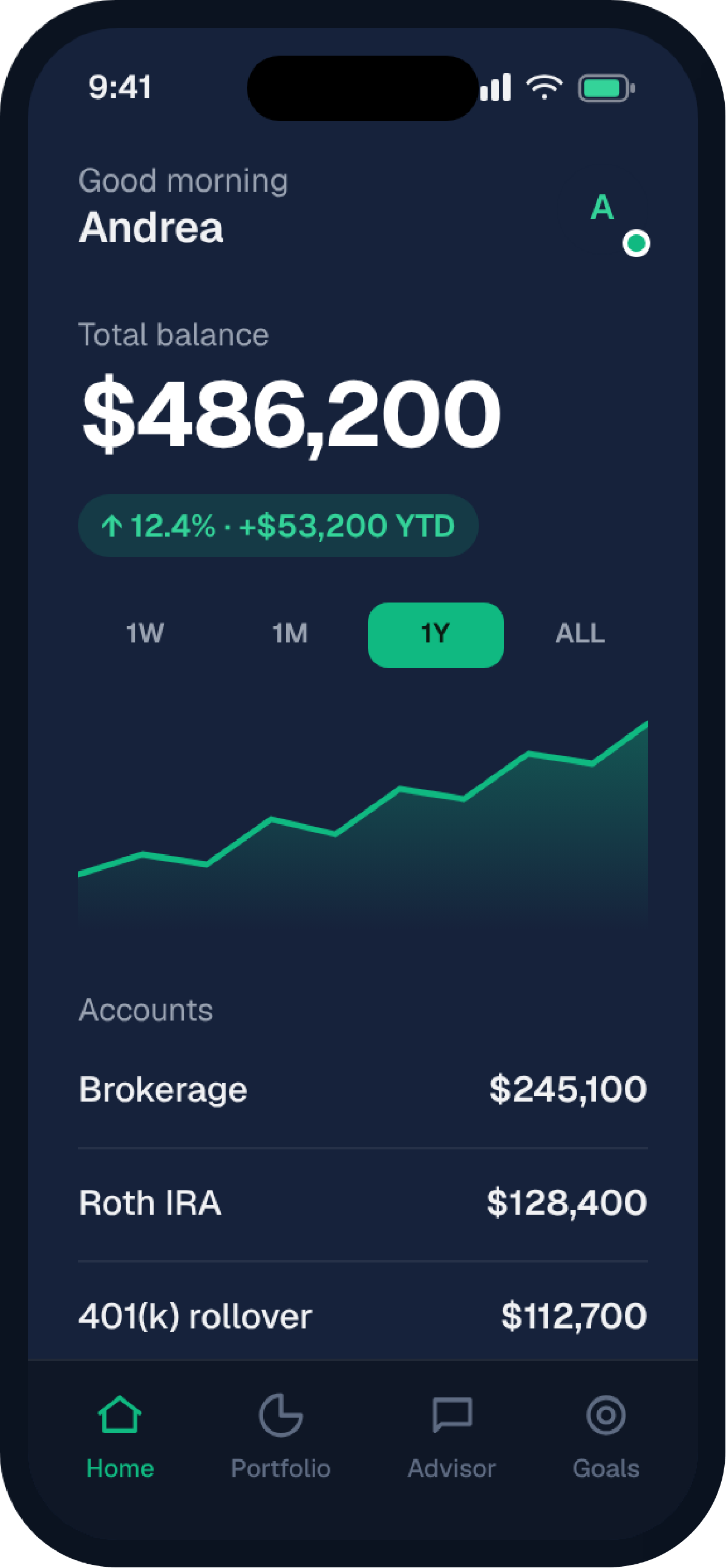 Elevate iOS app — portfolio home screen.