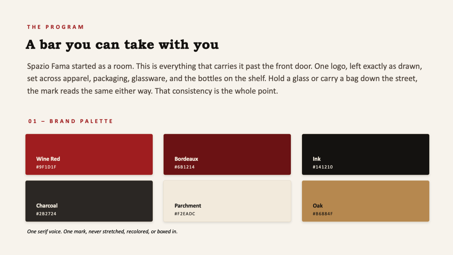 Spazio Fama brand palette: wine red, bordeaux, ink, charcoal, parchment, and oak