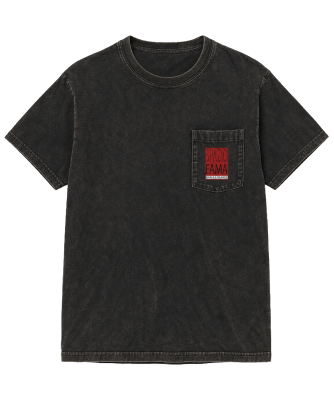Charcoal Spazio Fama pocket tee with the red lockup