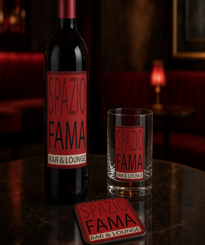 Spazio Fama signature wine bottle, branded tumbler, and cork coaster on a lounge table