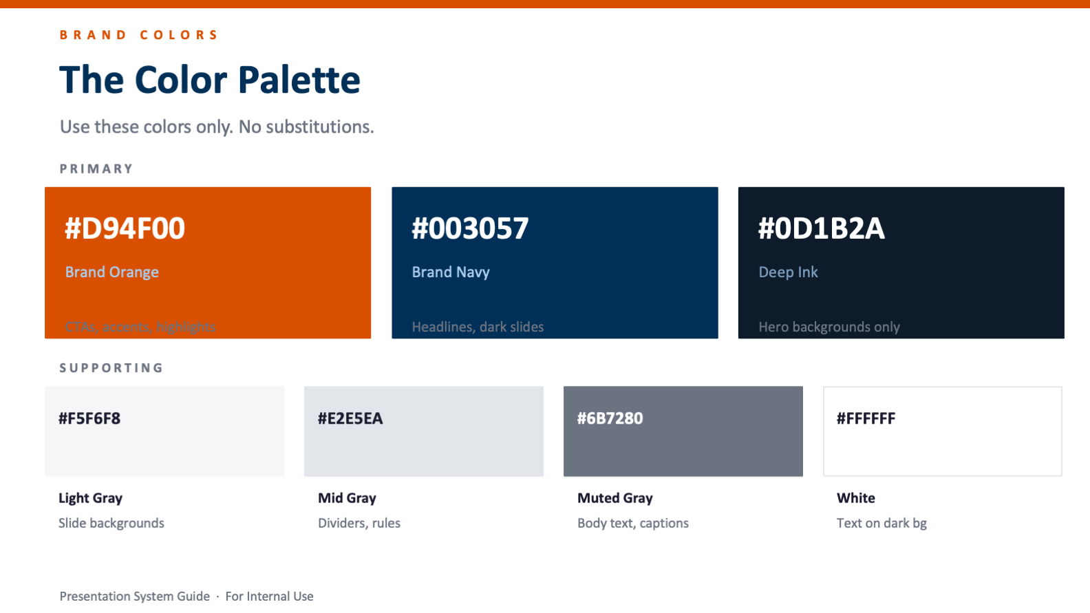 Brand color palette with exact hex values and usage notes