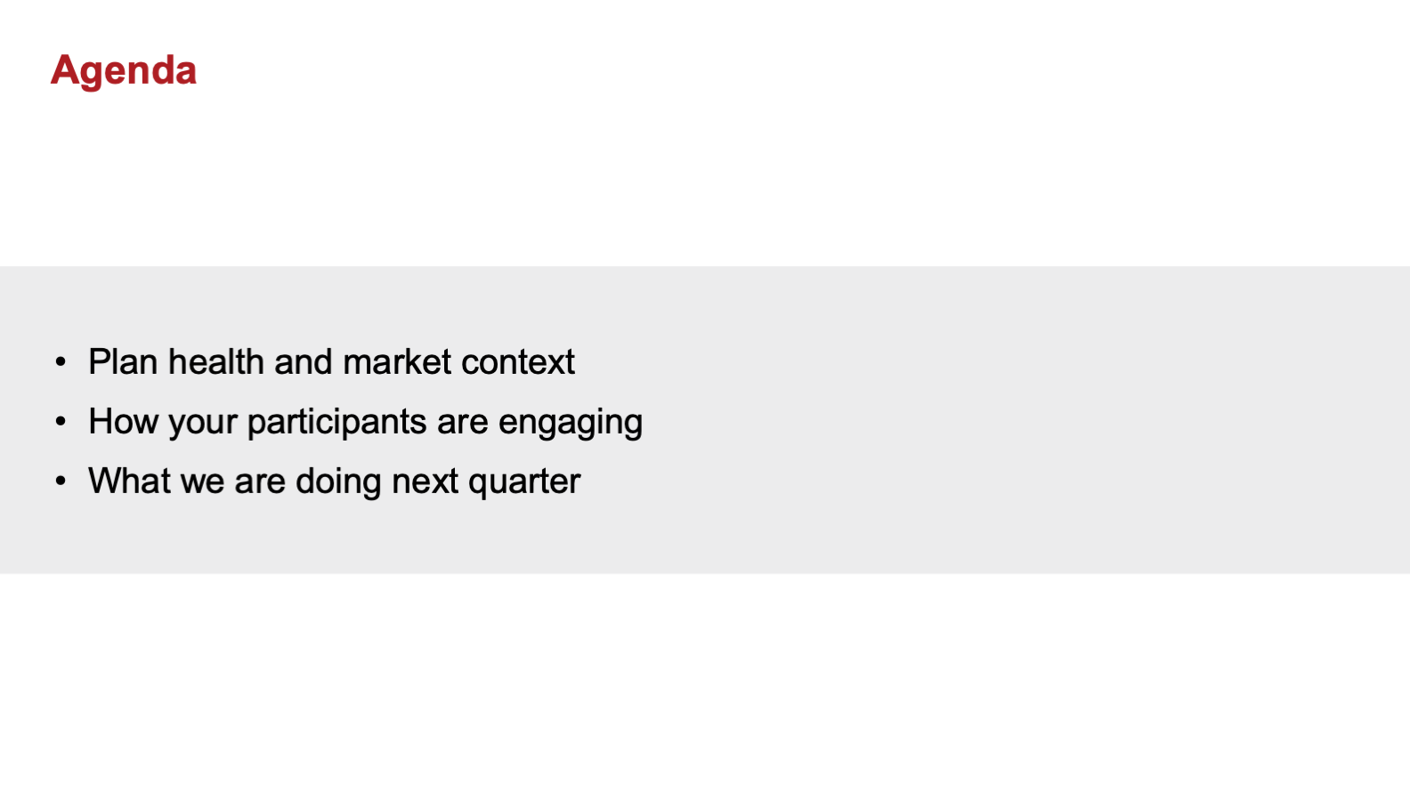 Agenda slide with three plain-language review topics