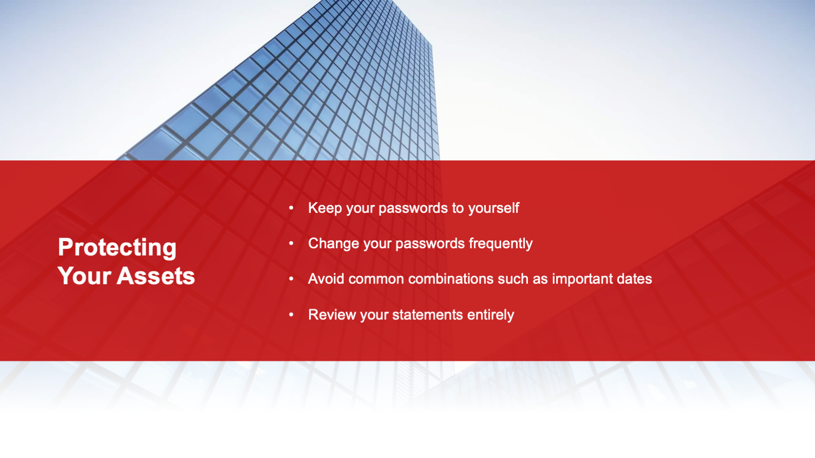 Protecting Your Assets slide with plain-language account security reminders