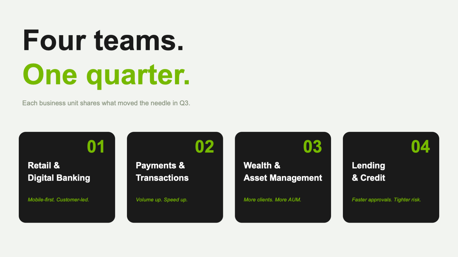 Typographic divider introducing four business units as a set