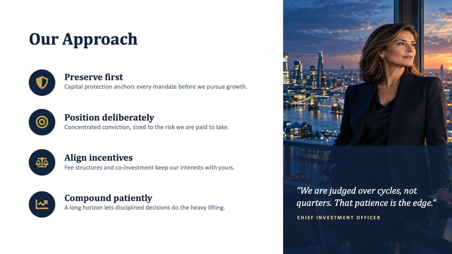 Meridian Capital investment approach with four principles and a chief investment officer portrait